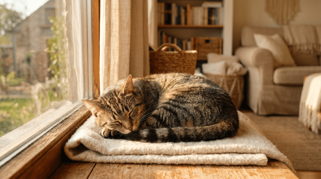 Sommeil du chat tigré endormi en boule sur un rebord de fenêtre baigné de soleil