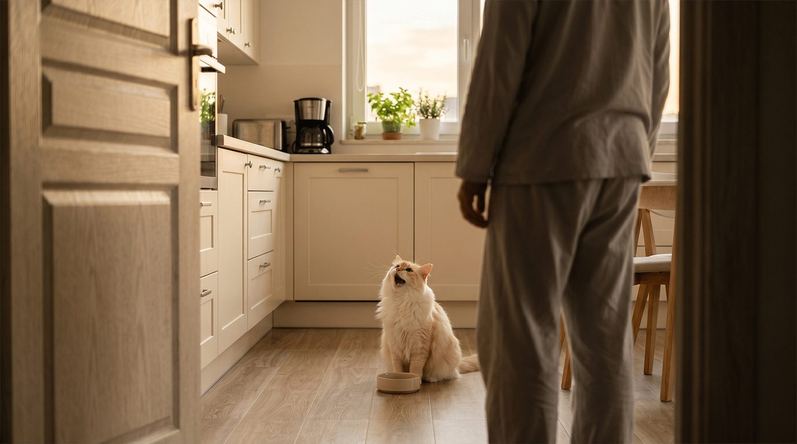 Chat tigré miaulant devant gamelle vide vers son humain au lever du jour, pourquoi mon chat miaule le matin