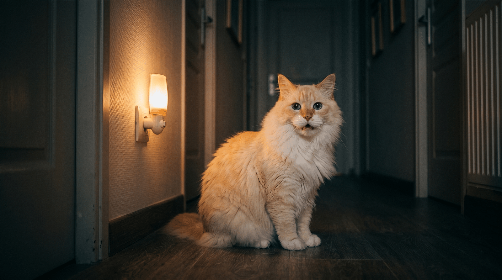 Chat senior qui vocalise la nuit dans un couloir éclairé par une veilleuse, pourquoi mon chat miaule la nuit chat âgé