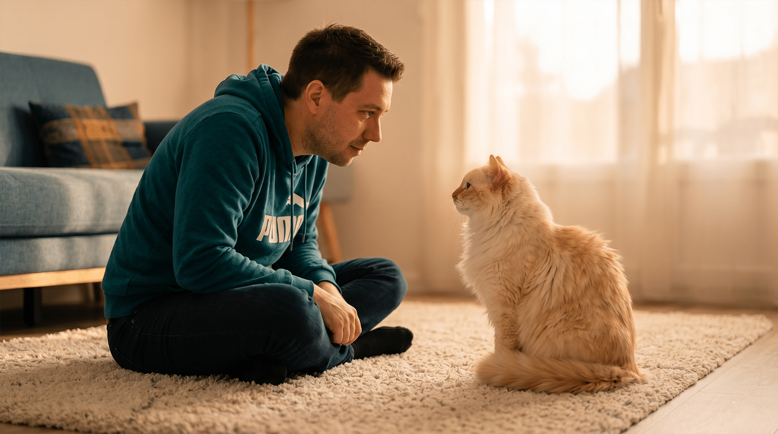 Personne assise au sol qui observe son chat attentivement pour comprendre ses miaulements