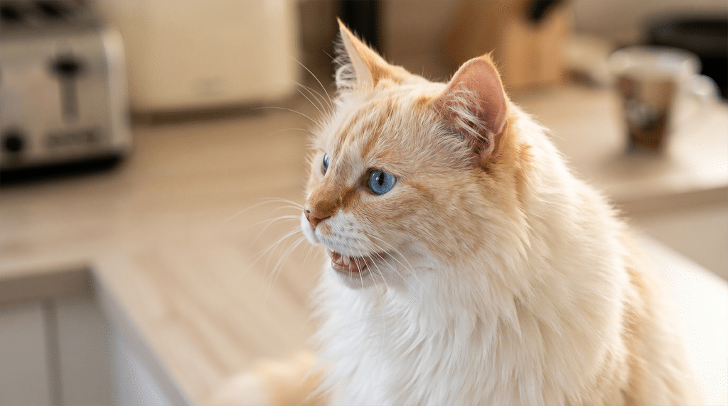 Chat blanc roux assis museau ouvert en miaulement vers son humain : pourquoi mon chat miaule