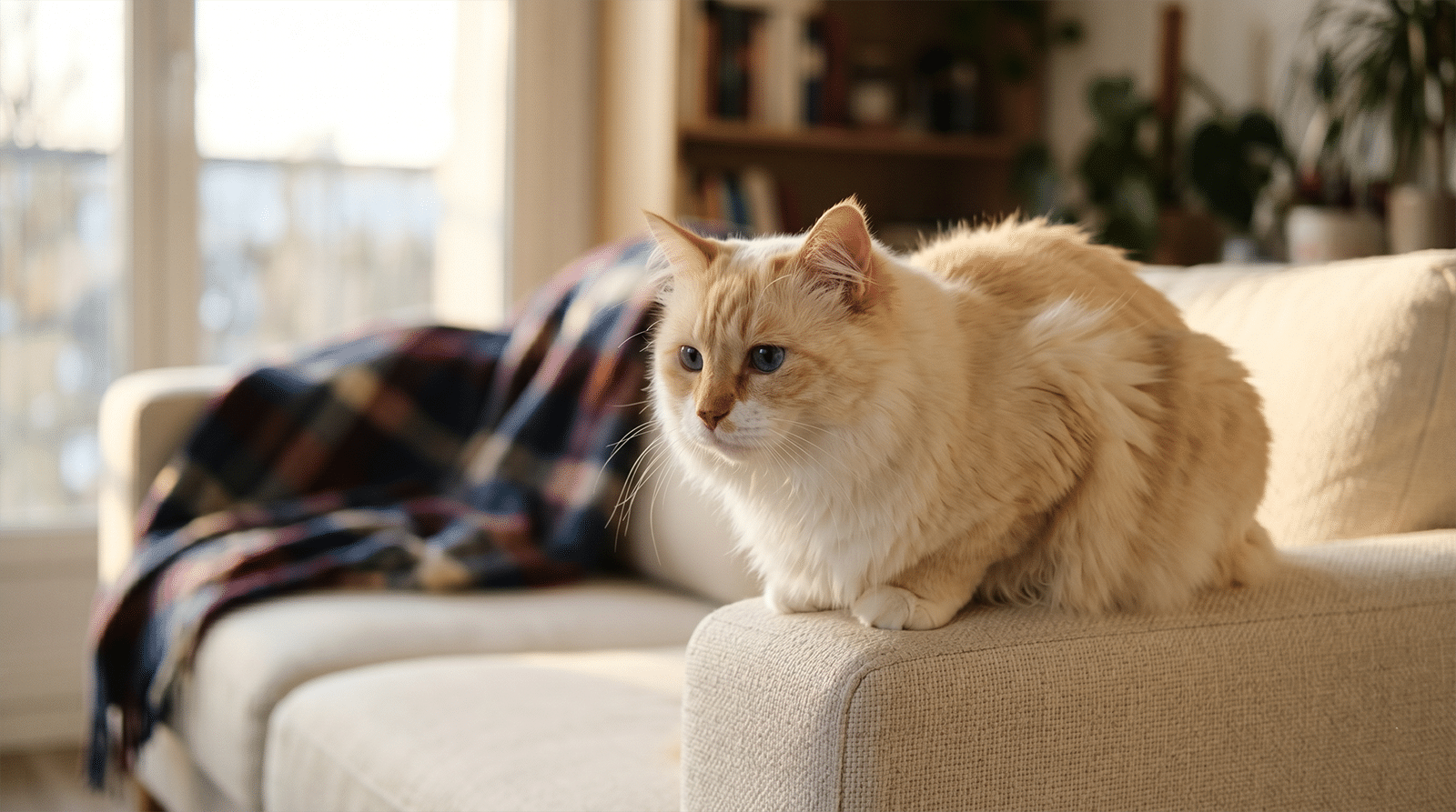 Chat senior assis posture tassée sur un canapé ivoire, arthrose et reconnaître la douleur chez le chat