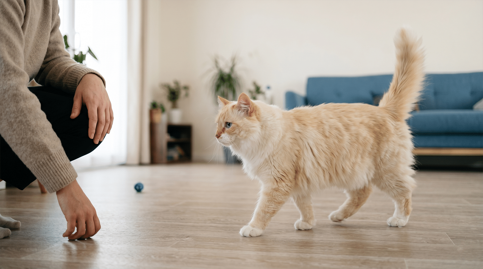 Personne accroupie qui observe la marche d'un chat pour détecter une boiterie, test des 5 minutes douleur chat