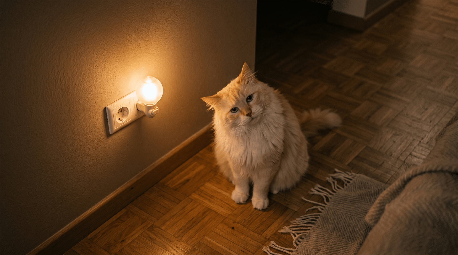Chat senior désorienté la nuit dans un couloir éclairé par une veilleuse, signes DISHAAL syndrome de dysfonction cognitive