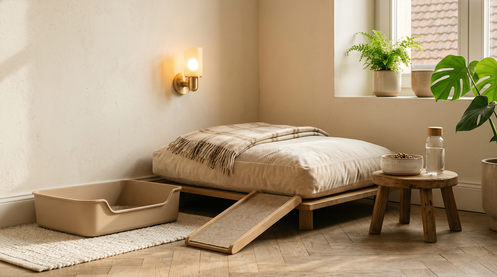 Coin aménagé pour chat senior avec rampe, litière à bord bas et gamelle surélevée, aménagement SDC chat