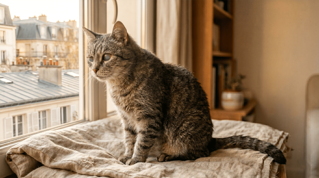 Chat senior tigré aux yeux laiteux assis près d'une fenêtre : syndrome de dysfonction cognitive du chat