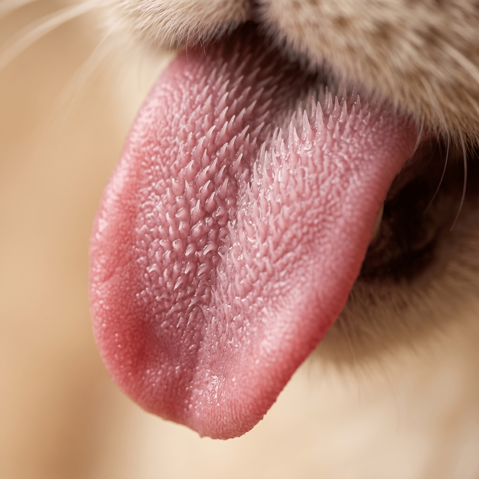 Gros plan macro sur la langue rose d'un chat avec papilles visibles