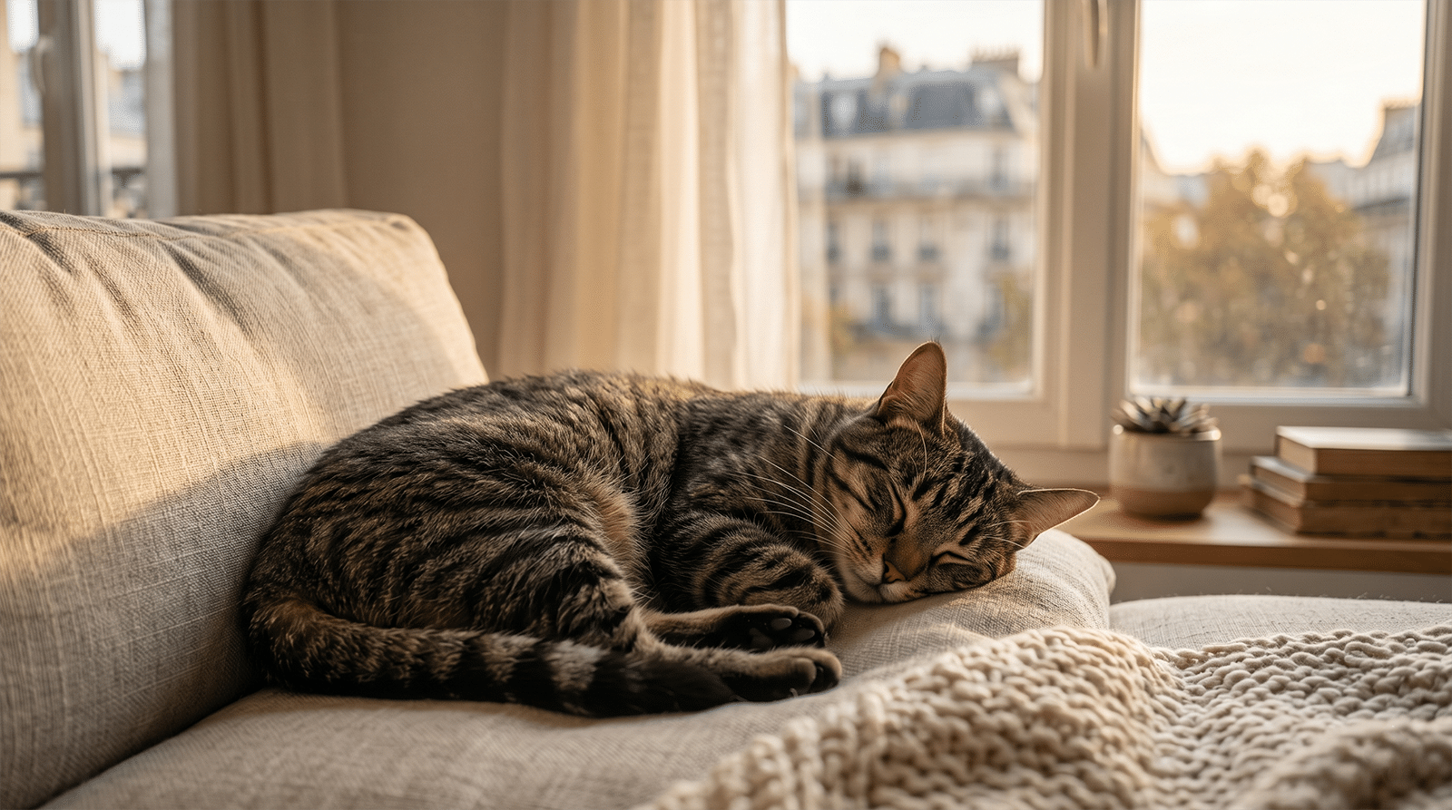 Chat européen tigré endormi sur un canapé beige près d'une fenêtre ensoleillée, ambiance apaisée d'appartement urbain, mécanisme stress-vessie du syndrome du chat citadin
