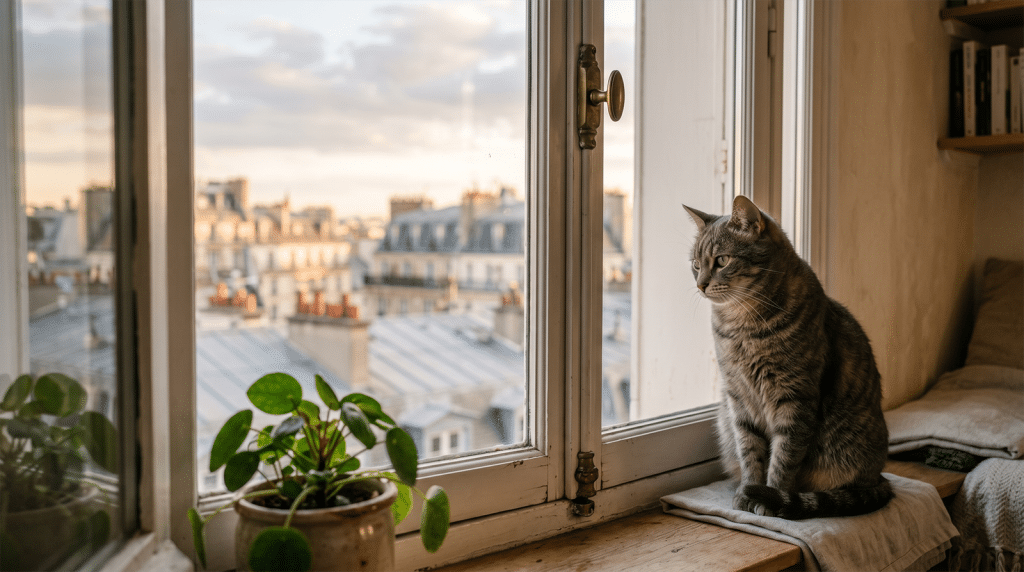Chat européen tigré gris-brun assis à la fenêtre d'un appartement urbain, regard contemplatif vers les toits, illustration du syndrome du chat citadin