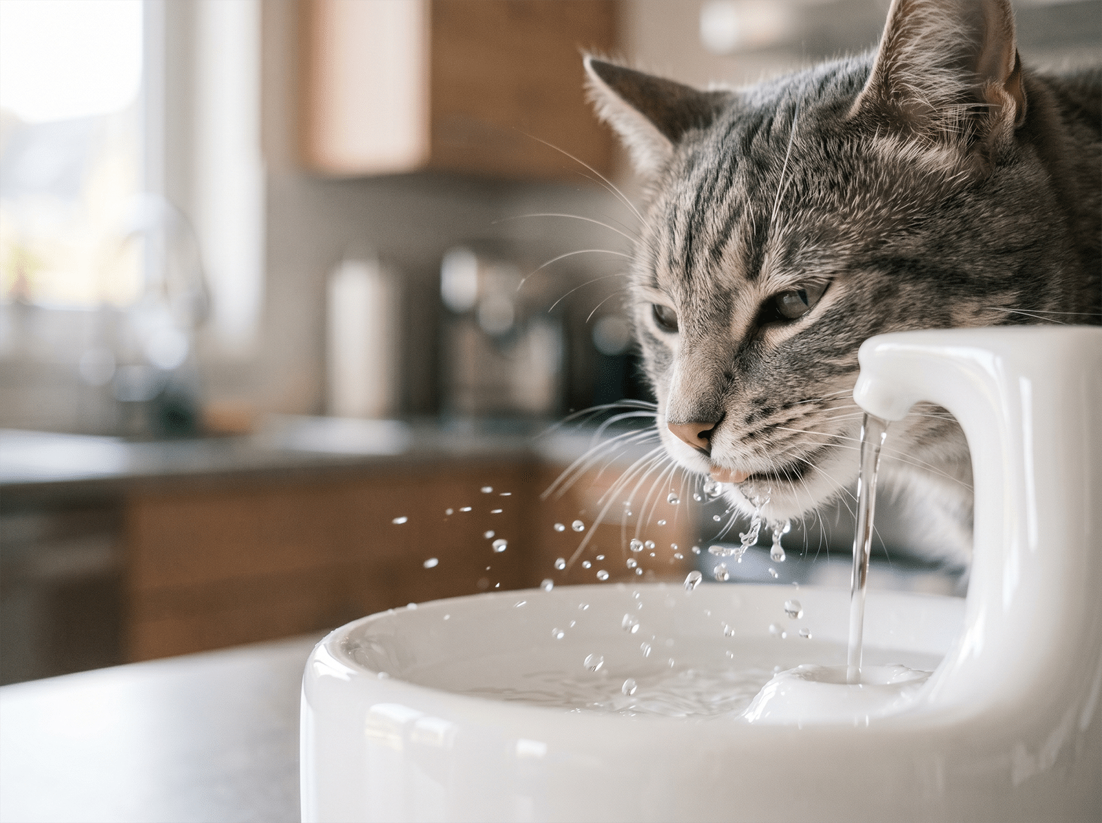 Chat européen tigré gris qui boit à une fontaine à eau en céramique blanche, hydratation au cœur du traitement du syndrome du chat citadin
