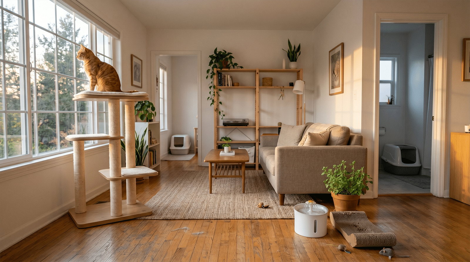 Salon enrichi avec arbre à chat vertical, fontaine à eau, deux bacs à litière et griffoir : application du protocole MEMO contre le syndrome du chat citadin