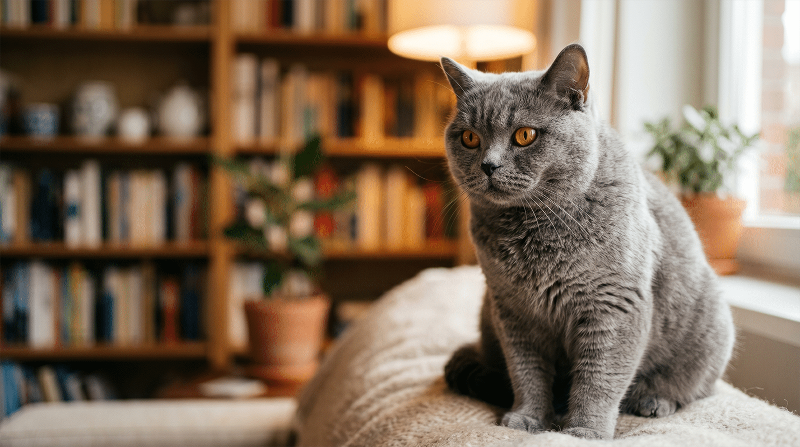 Portrait gros plan d'un British Shorthair gris-bleu aux yeux ambre intenses, regard contemplatif sur fond de bibliothèque floue, illustration du syndrome de Pandora