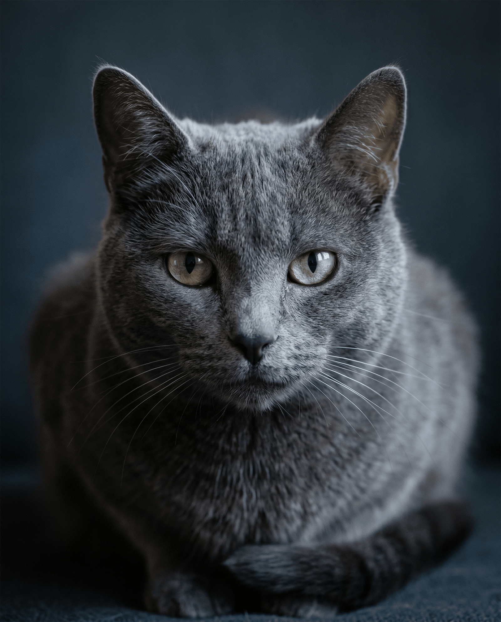 Portrait gros plan d'un chat Européen au pelage gris-bleu, regard intense, illustration du syndrome de Pandora et de la dimension systémique du syndrome du chat citadin