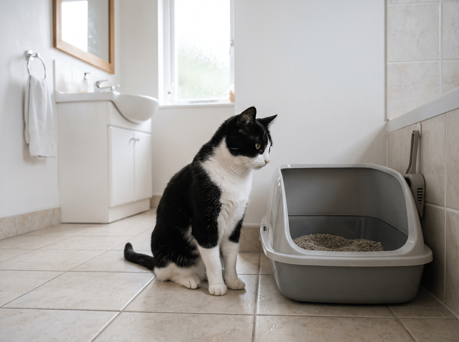 Chat européen noir et blanc assis à côté d'un bac à litière dans une salle de bain claire, posture tendue caractéristique des signes du syndrome du chat citadin
