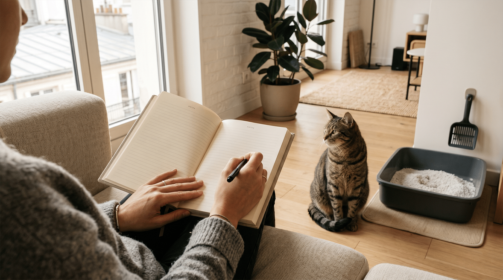 Mains qui tiennent un carnet de notes et un stylo en observant un chat près d'un bac à litière propre dans un appartement urbain, suivi des récidives du syndrome du chat citadin