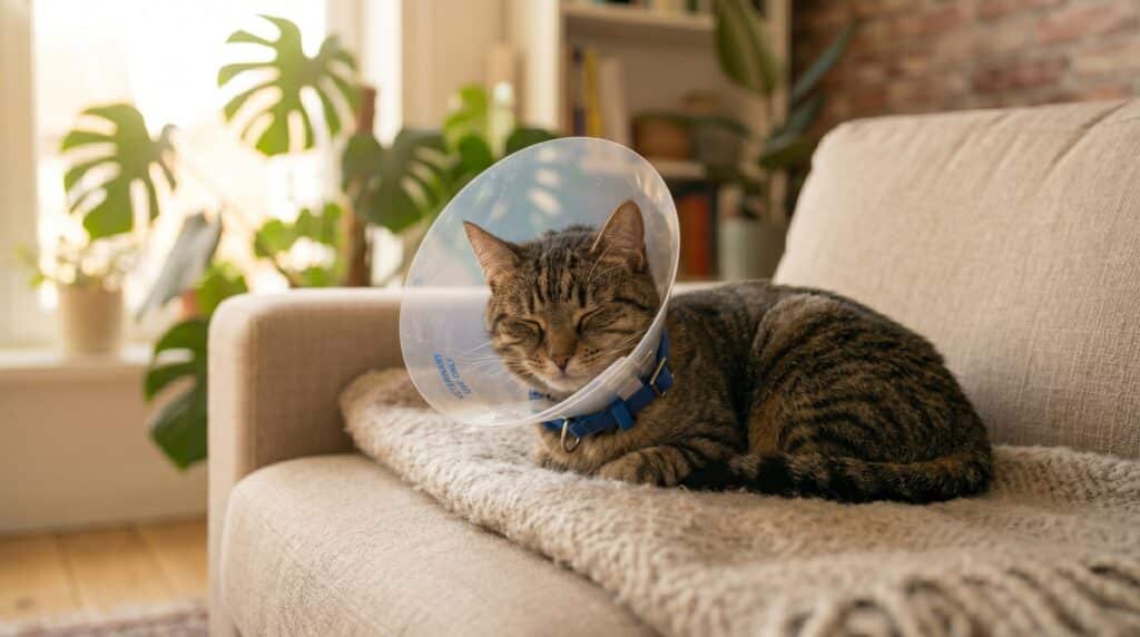Chat tigré portant une collerette de récupération, endormi paisiblement sur un canapé clair