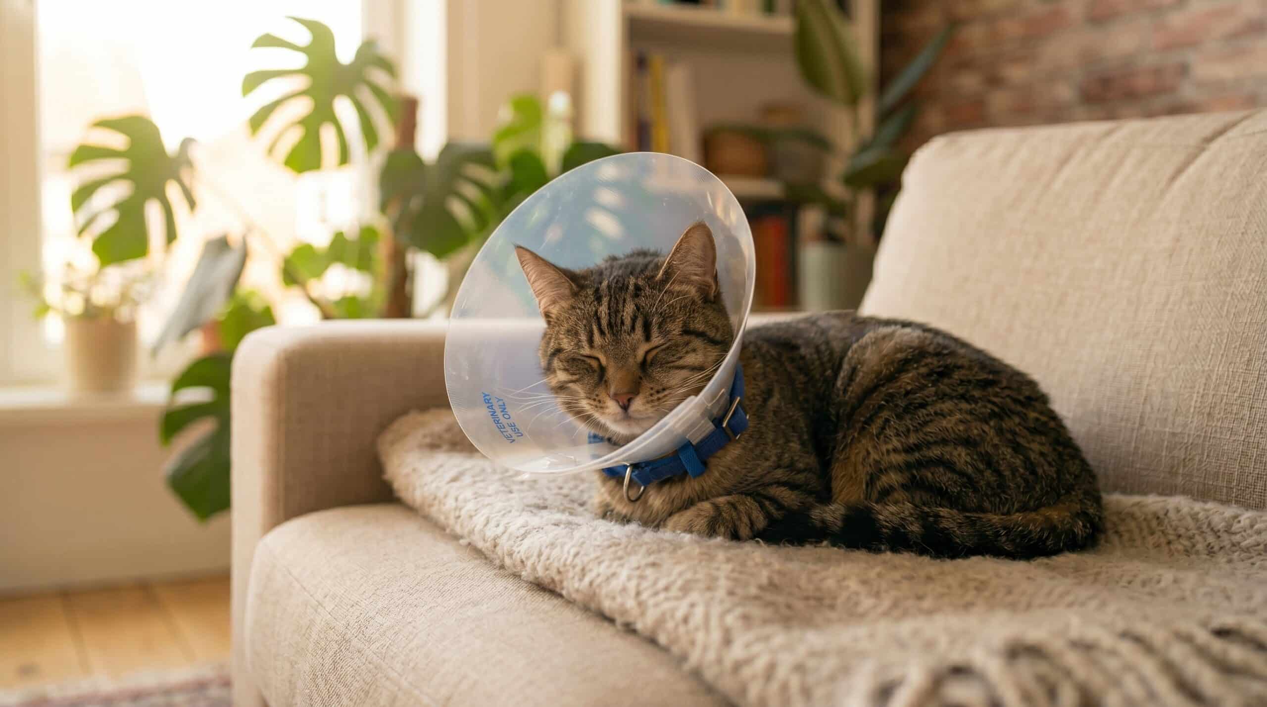 Chat tigré portant une collerette de récupération, endormi paisiblement sur un canapé clair