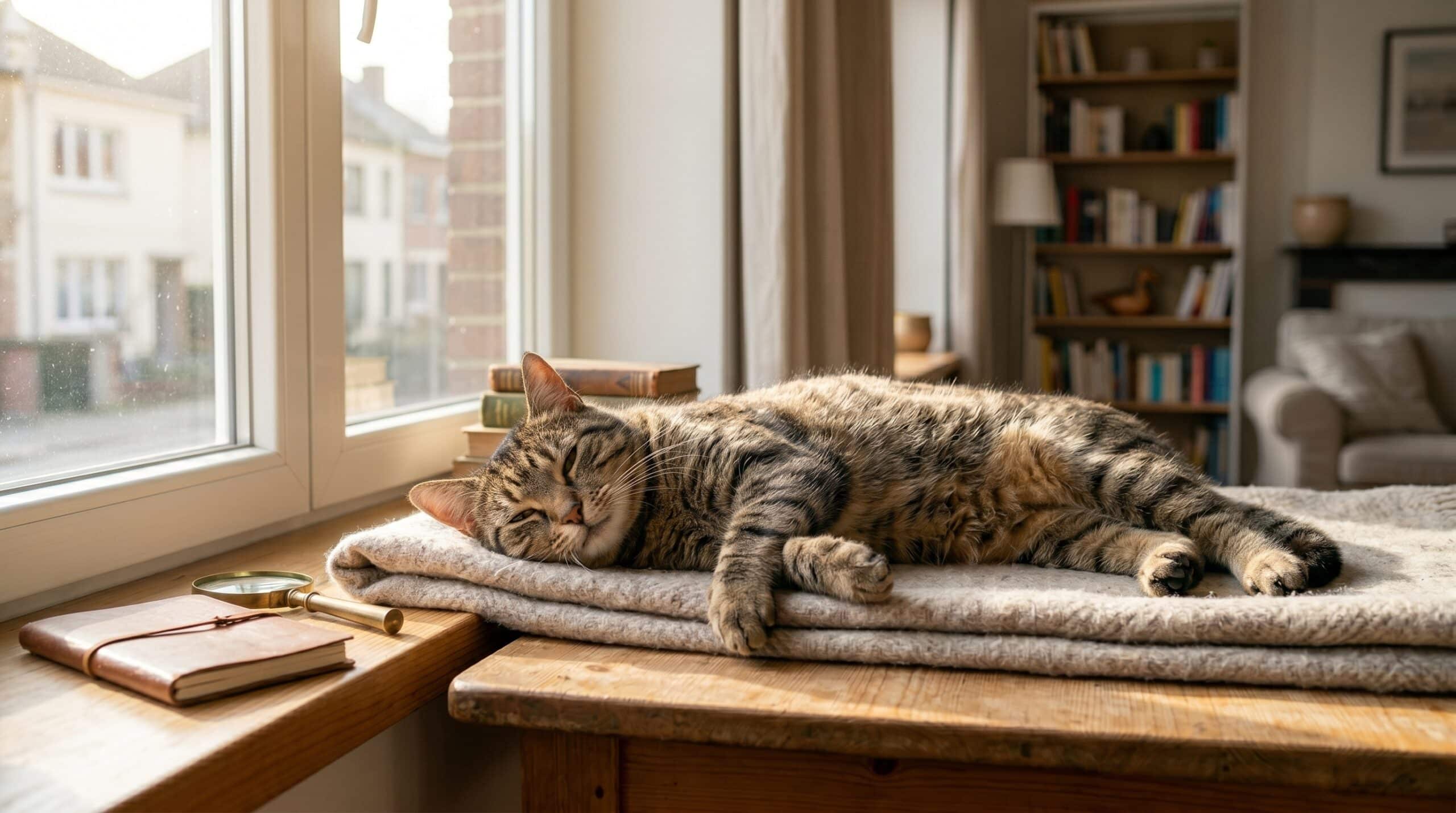Chat tigré détendu et endormi sur un coussin près d'une fenêtre ensoleillée