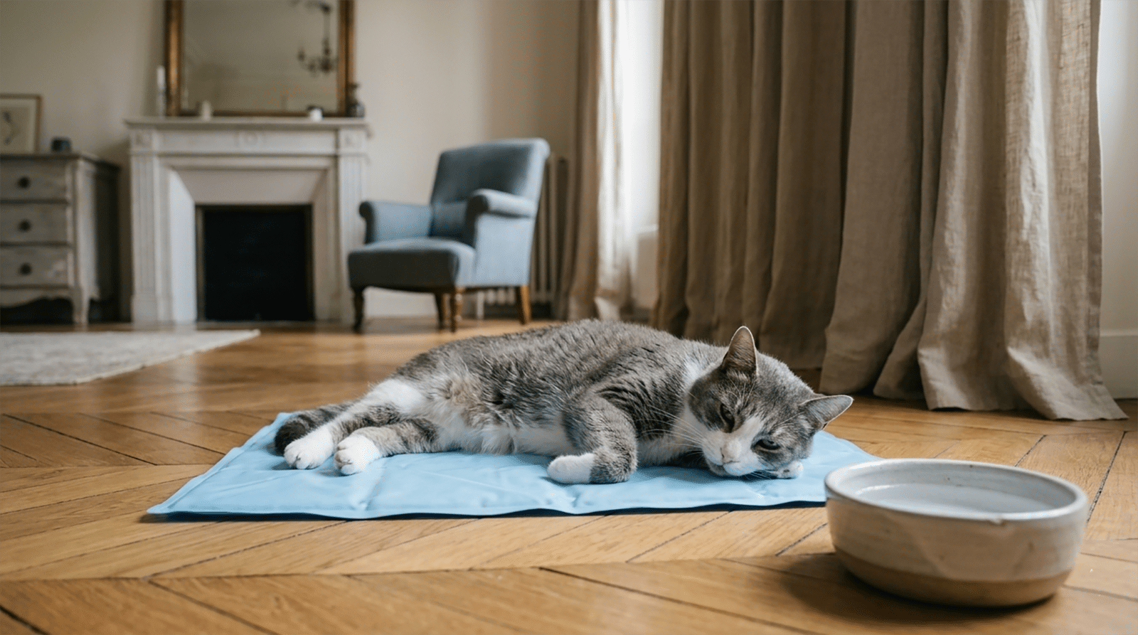 Chat européen allongé sur un tapis rafraîchissant gel dans un salon ombragé en plein été, solution domicile pour aider chat chaleur