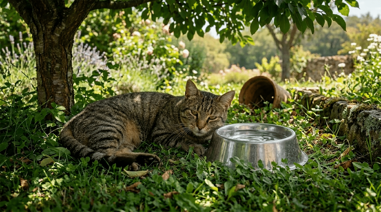 Chat européen tigré allongé à l'ombre d'un arbre dans un jardin l'été, près d'une gamelle d'eau, sortie chat chaleur