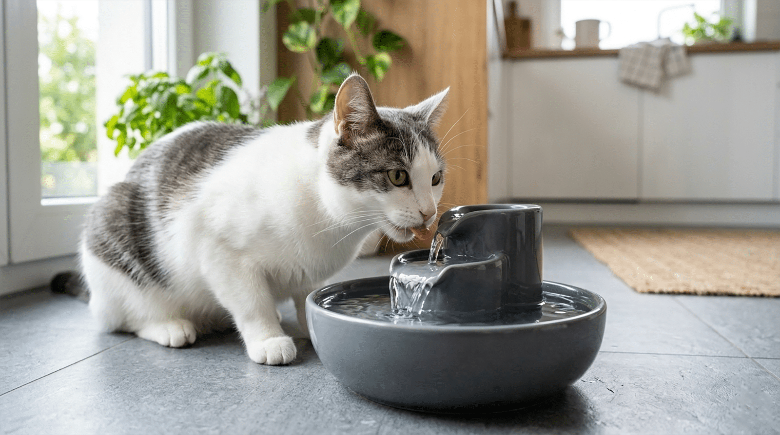 Chat européen buvant à une fontaine à eau dans une cuisine fraîche, solution hydratation chat été