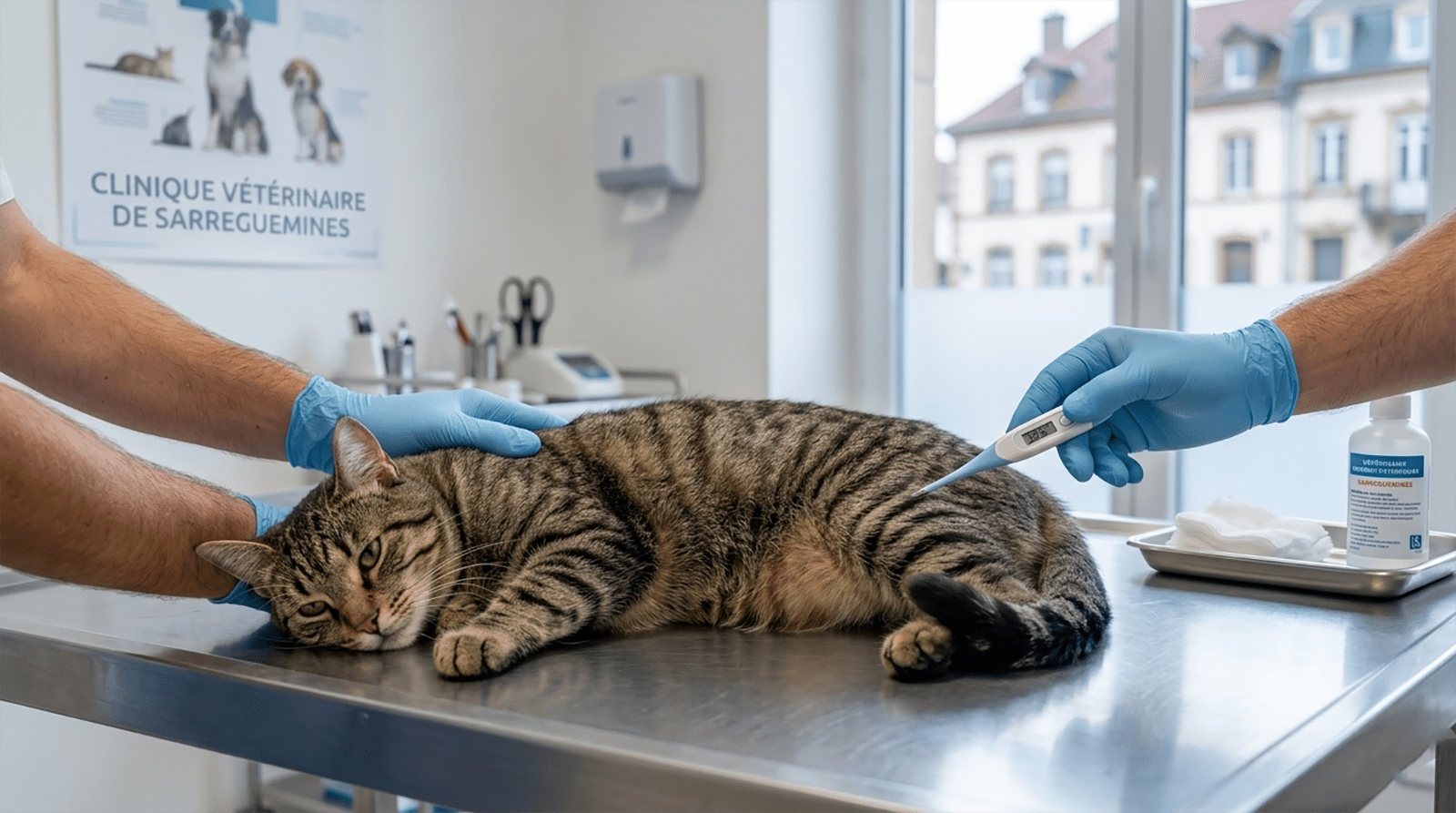 Vétérinaire prenant la température d'un chat tigré sur table d'examen, contexte coup de chaleur consultation
