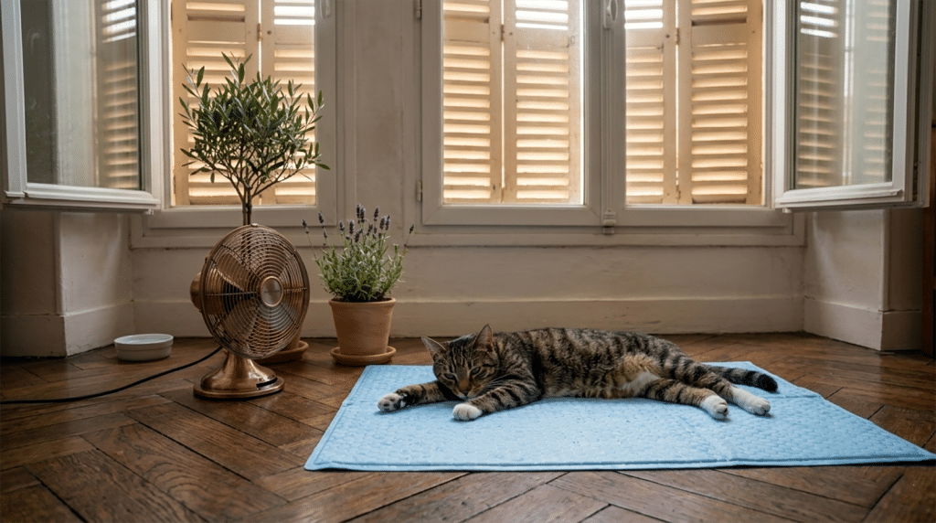 Chat tigré allongé sur un carrelage frais près d'une fenêtre aux volets mi-clos, étape clé pour aider son chat à supporter la chaleur en été