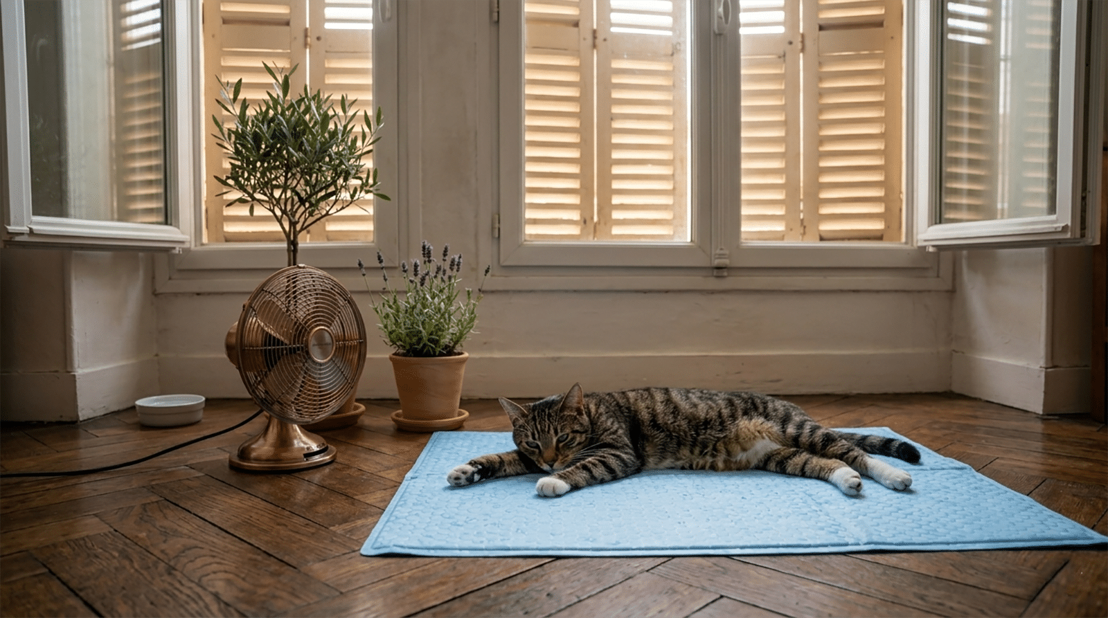 Chat tigré allongé sur un carrelage frais près d'une fenêtre aux volets mi-clos, étape clé pour aider son chat à supporter la chaleur en été