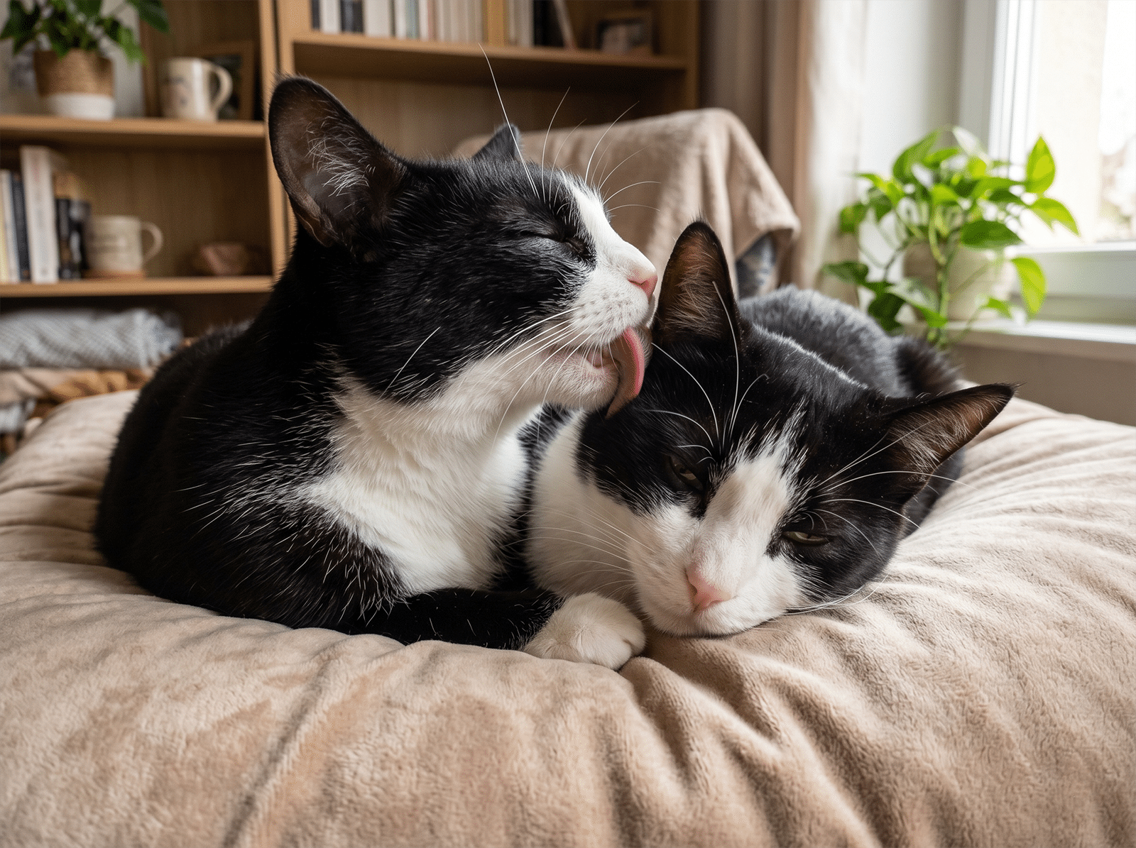 Deux chats noirs et blancs en train de se lecher mutuellement sur un coussin beige
