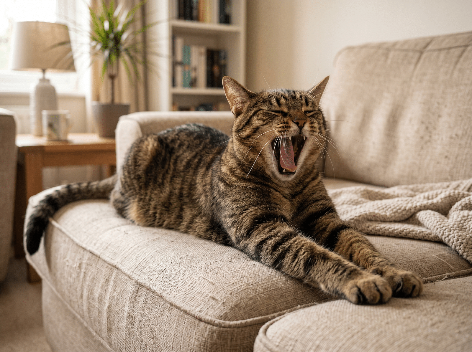 Chat tabby qui s'etire et baille apres un moment de léchage sur le canape