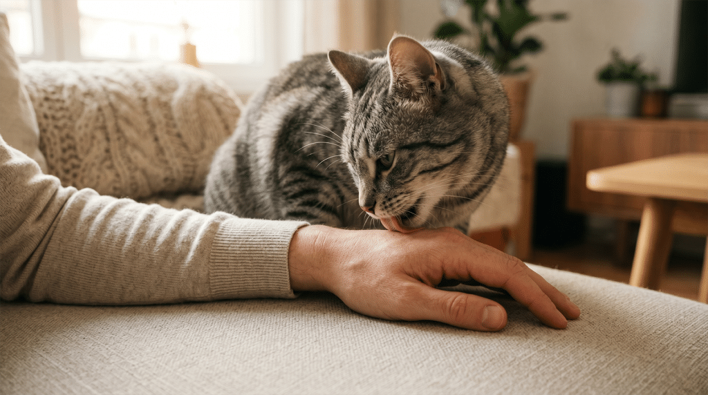 Chat tigre gris qui leche doucement la main de son humain assis sur un canape clair