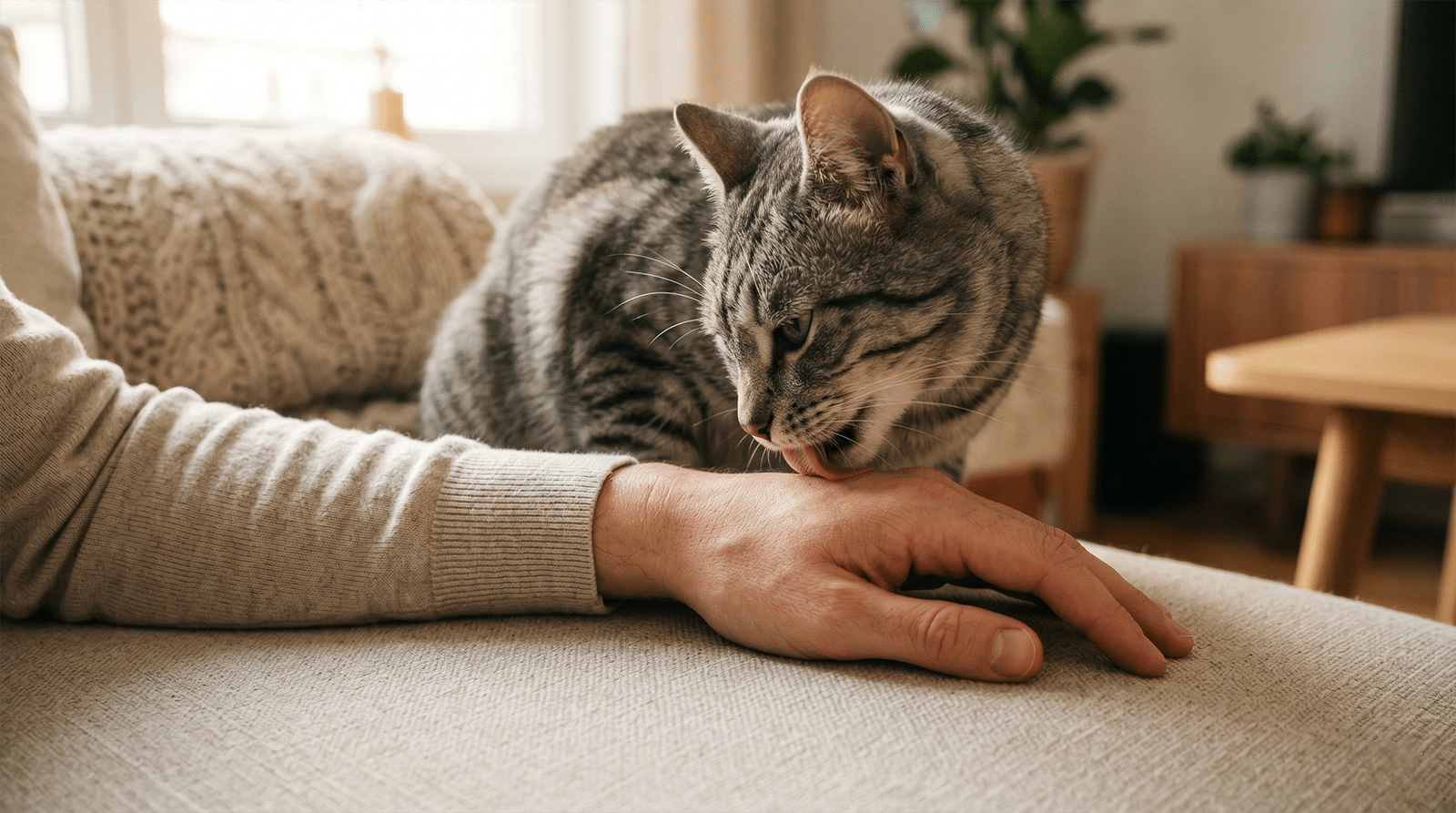 Pourquoi mon chat me lèche : chat tigré qui lèche la main de son humain sur un canapé clair