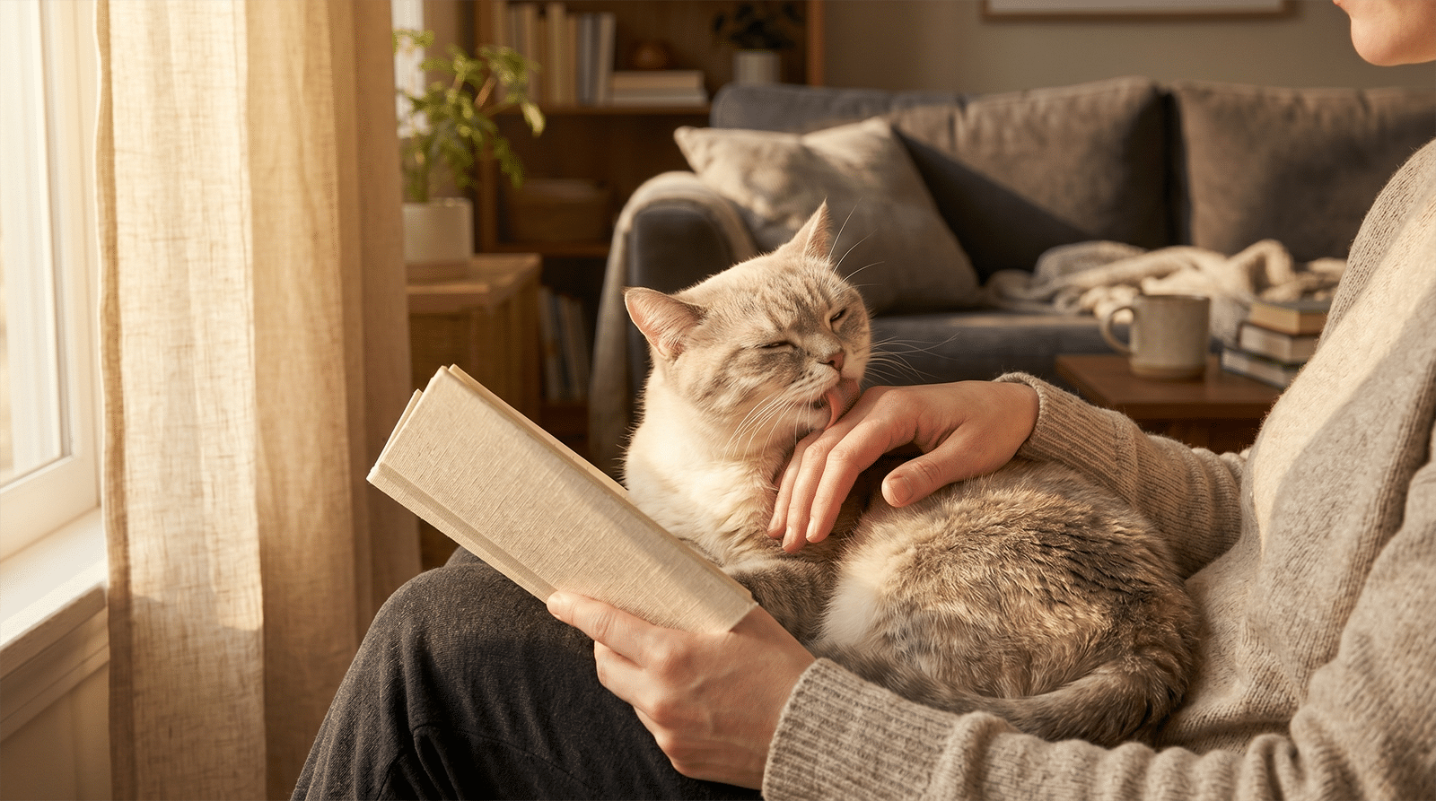 Gros plan d'un chat qui lèche tendrement le dos de la main de son humain, scène apaisée