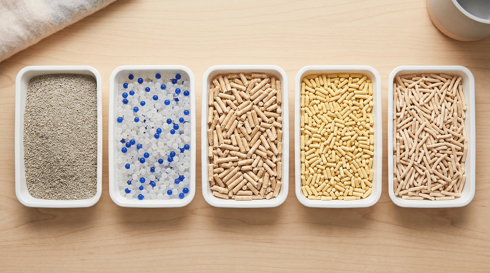 Vue plongeante sur 5 bacs de litière côte à côte comparant agglomérante minérale, silice, granulés de bois, pellets de maïs et fibres de tofu, comparatif des substrats litière pour chat
