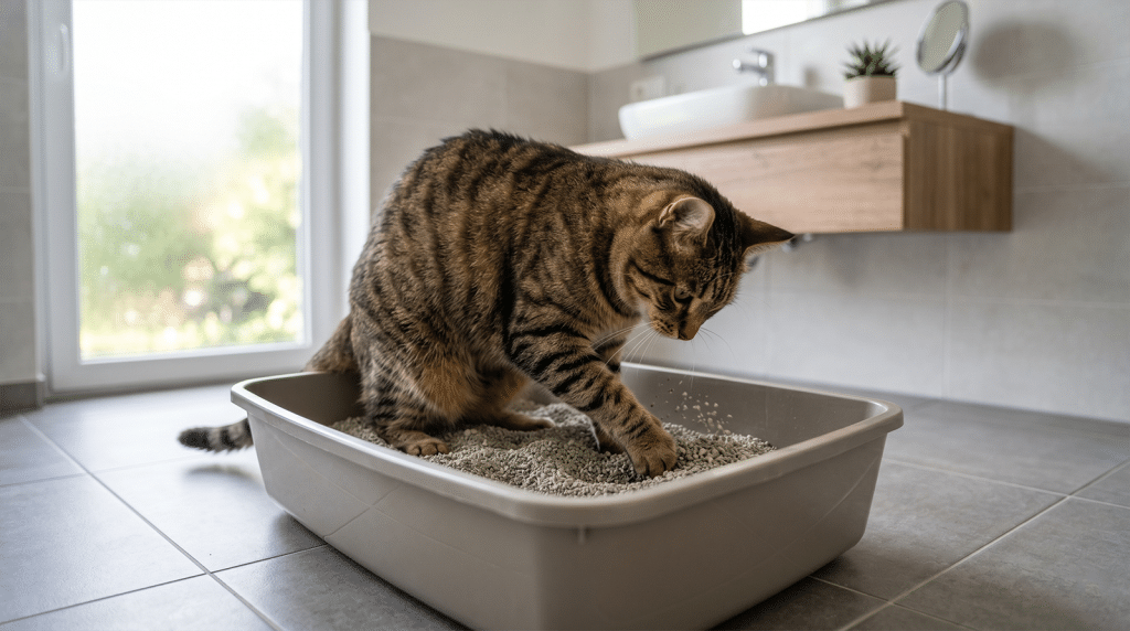 Chat europeen tigre qui creuse dans une litiere minerale agglomerante propre dans une salle de bain lumineuse, etape cle pour bien choisir la litiere pour son chat