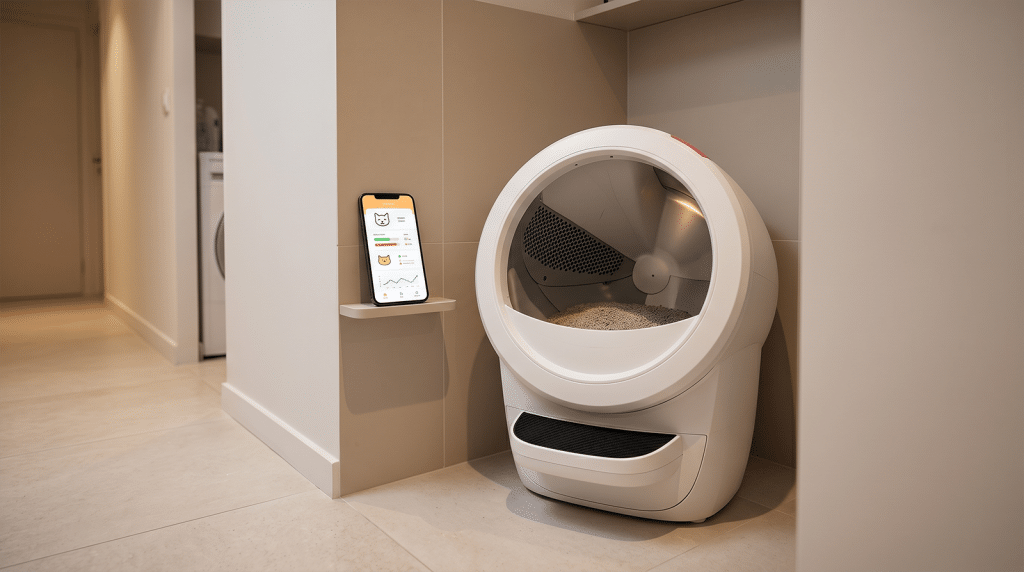 Litiere connectee moderne avec smartphone affichant indicateurs sante du chat, detection precoce problemes urinaires