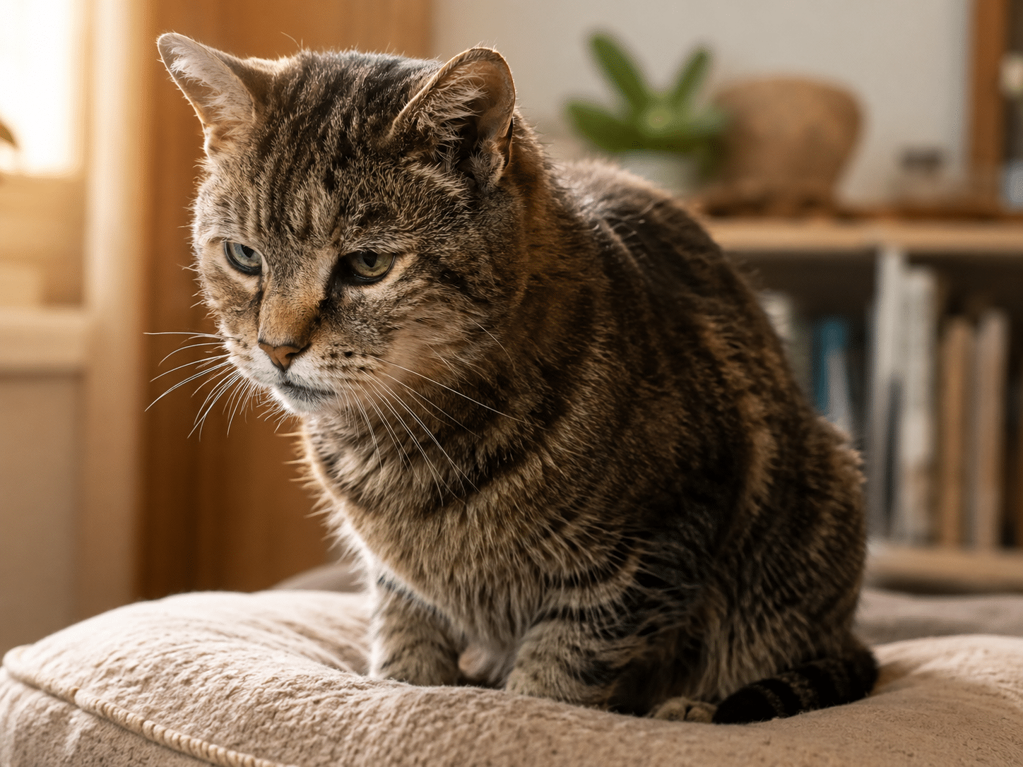 Chat senior qui se lèche trop : signe possible de douleur arthrosique ou cystite, à investiguer chez le vétérinaire