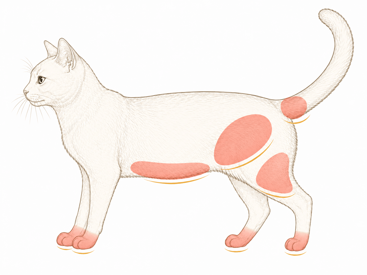 Schéma des zones typiques où ton chat se lèche trop : ventre, flancs, face interne des cuisses, base de la queue, pattes