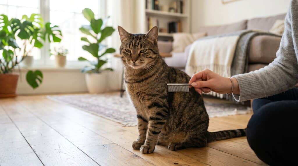 Chat tigré assis dans un salon lumineux pendant qu'une main le peigne avec un peigne anti-puces fin