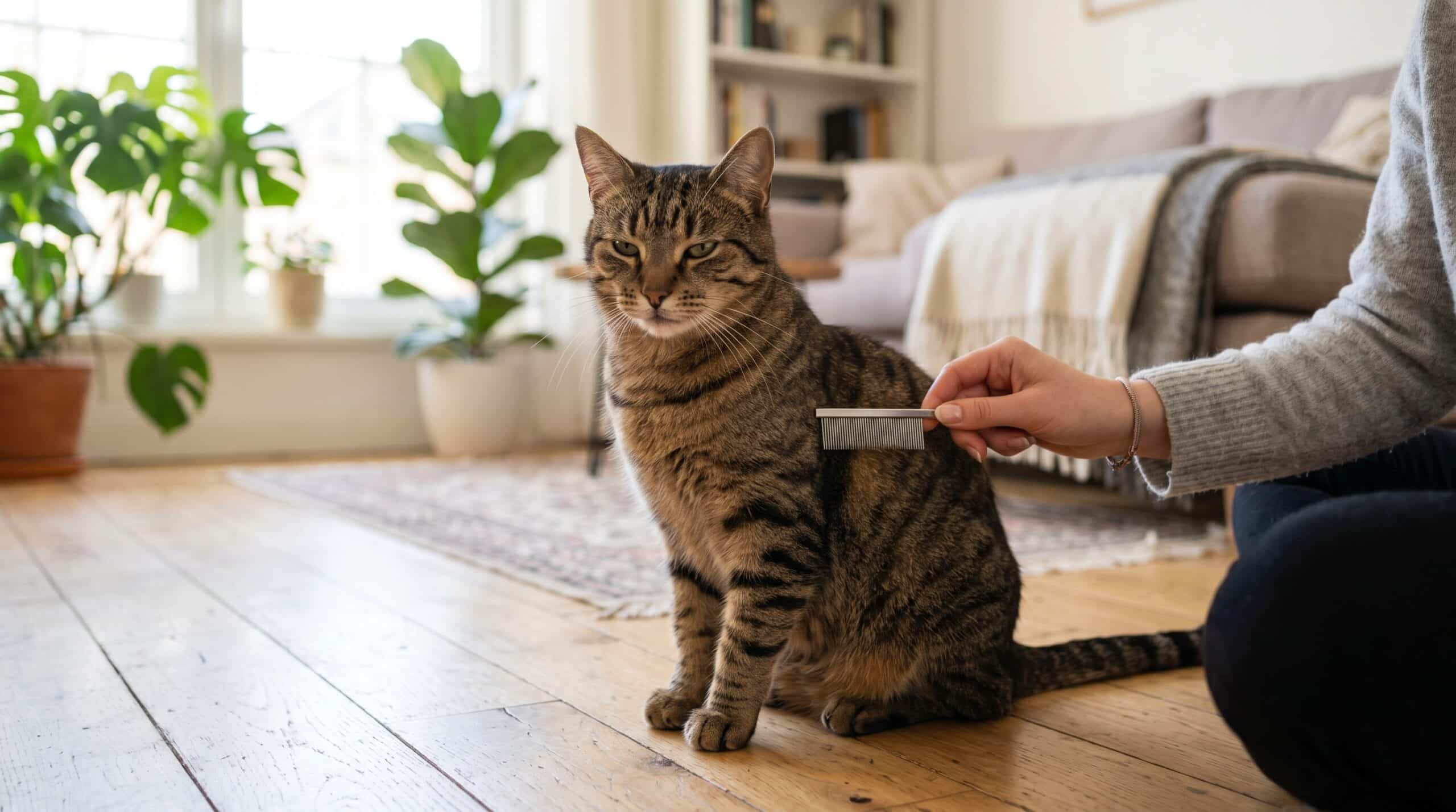 Puces et tiques chez le chat : détection au peigne anti-puces fin sur chat tigré, méthode vétérinaire
