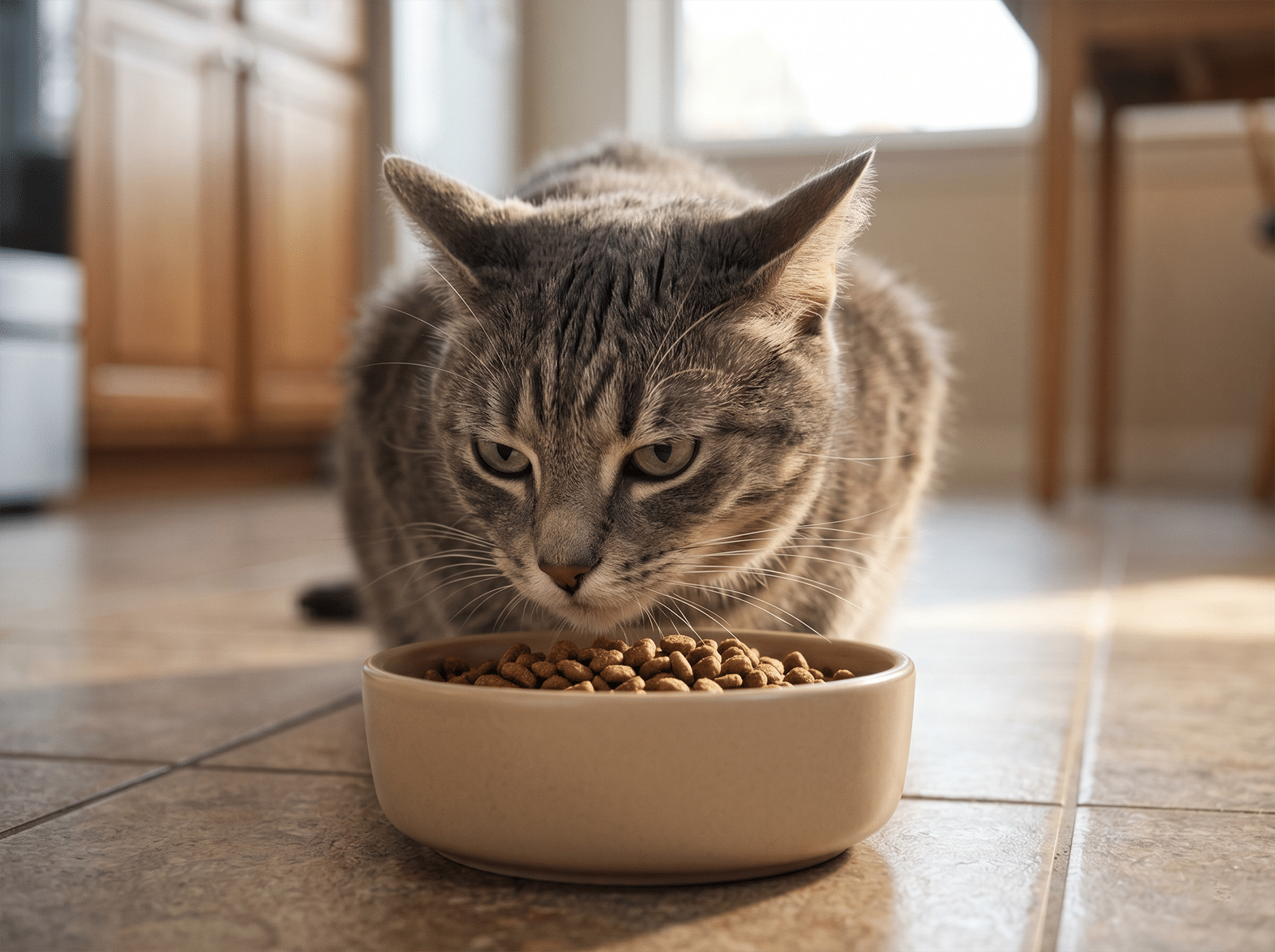 Chat tabby gris qui sent ses croquettes dans une gamelle avec une expression sceptique