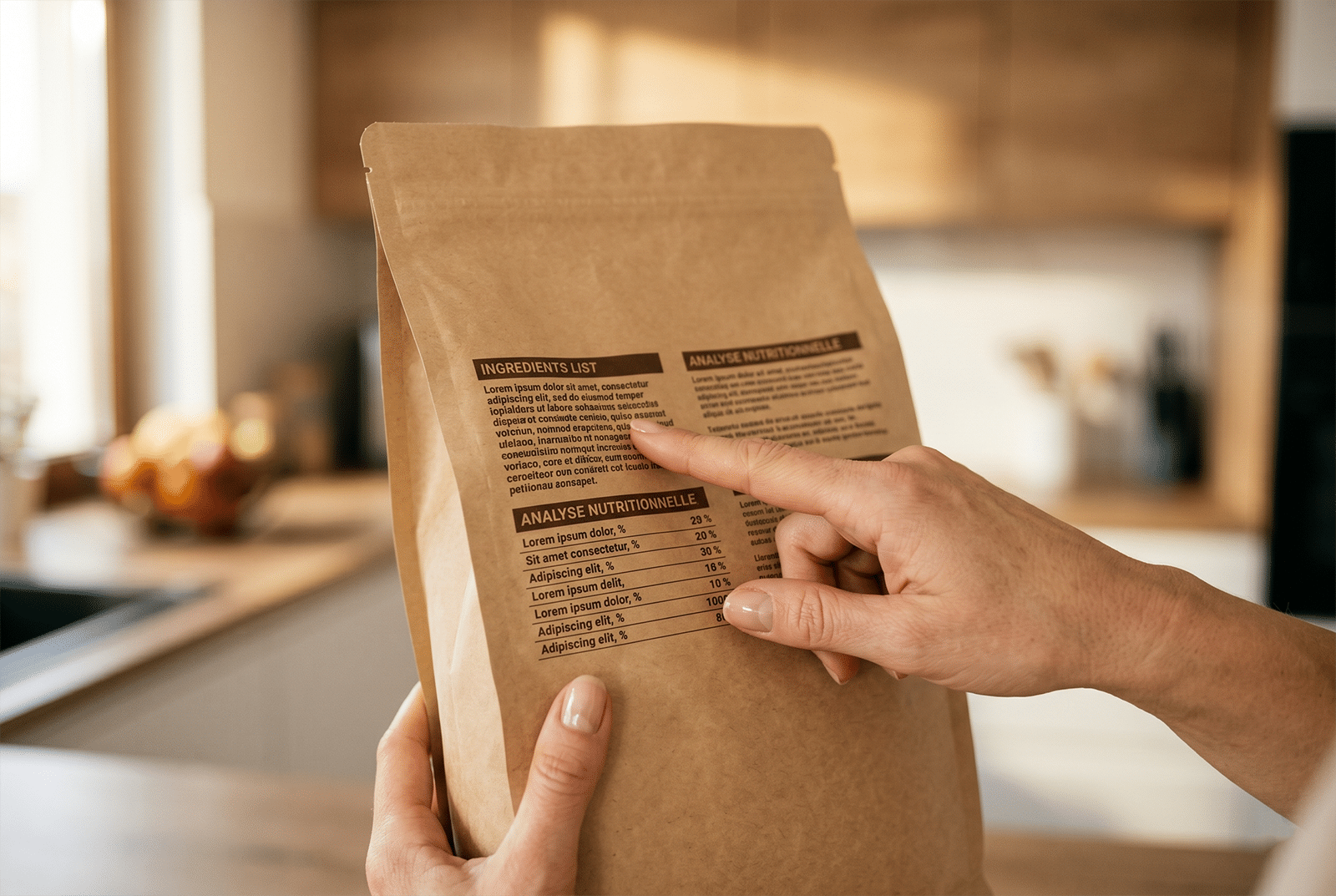 Main qui tient une étiquette nutritionnelle de croquettes en gros plan, doigt pointant l'ordre des ingrédients