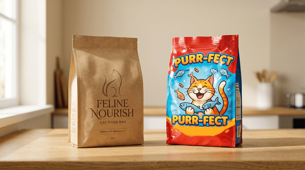 Deux sacs de croquettes pour chat cote a cote, un premium en kraft elegant et un bas de gamme en plastique brillant, sur un comptoir de cuisine en bois