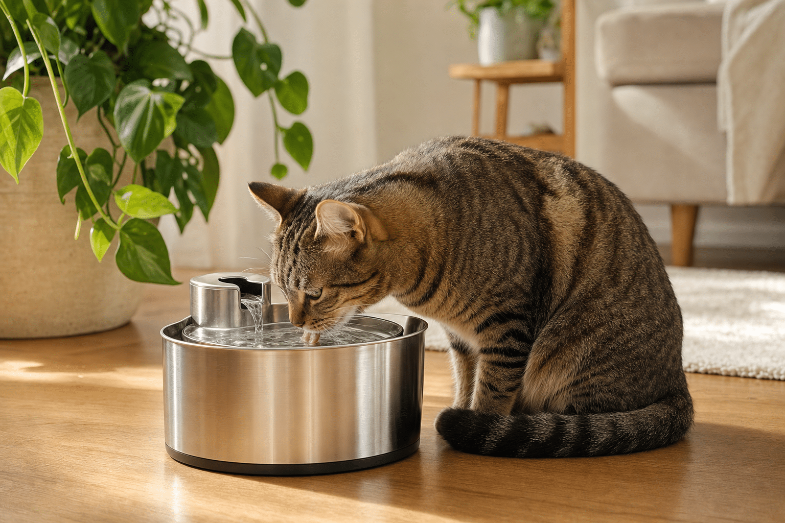 Chat tigré assis à distance de son bol d'eau, regard détourné, comportement naturel d'évitement de l'eau stagnante