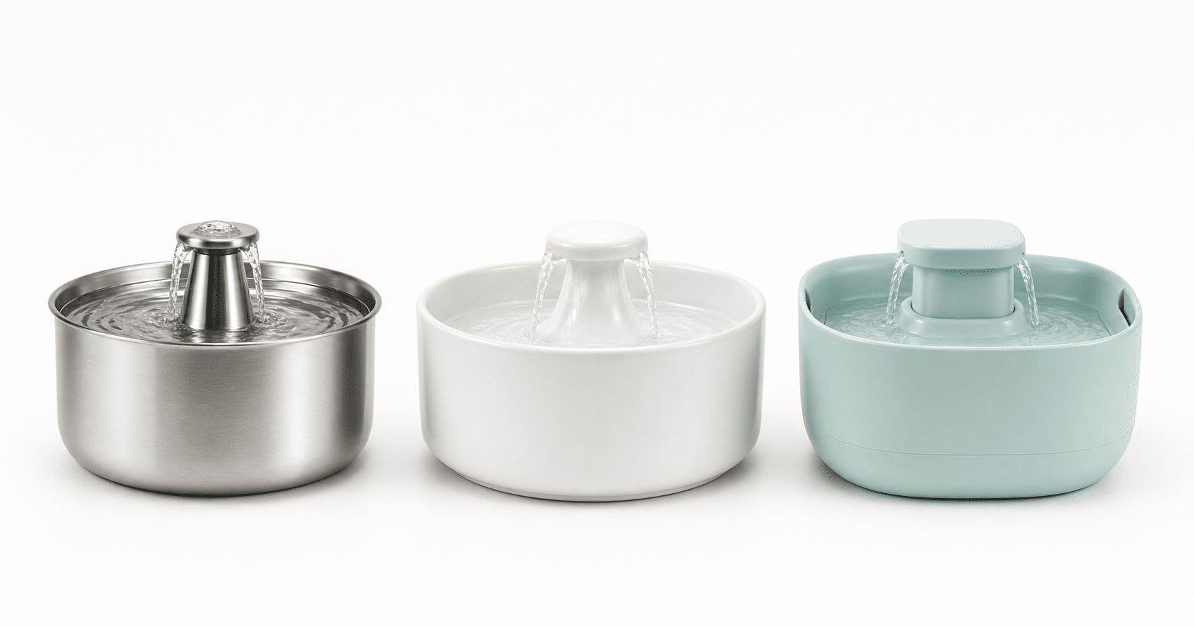 Comparatif fontaine à eau pour chat : modèles en acier inoxydable, céramique blanche et plastique côte à côte