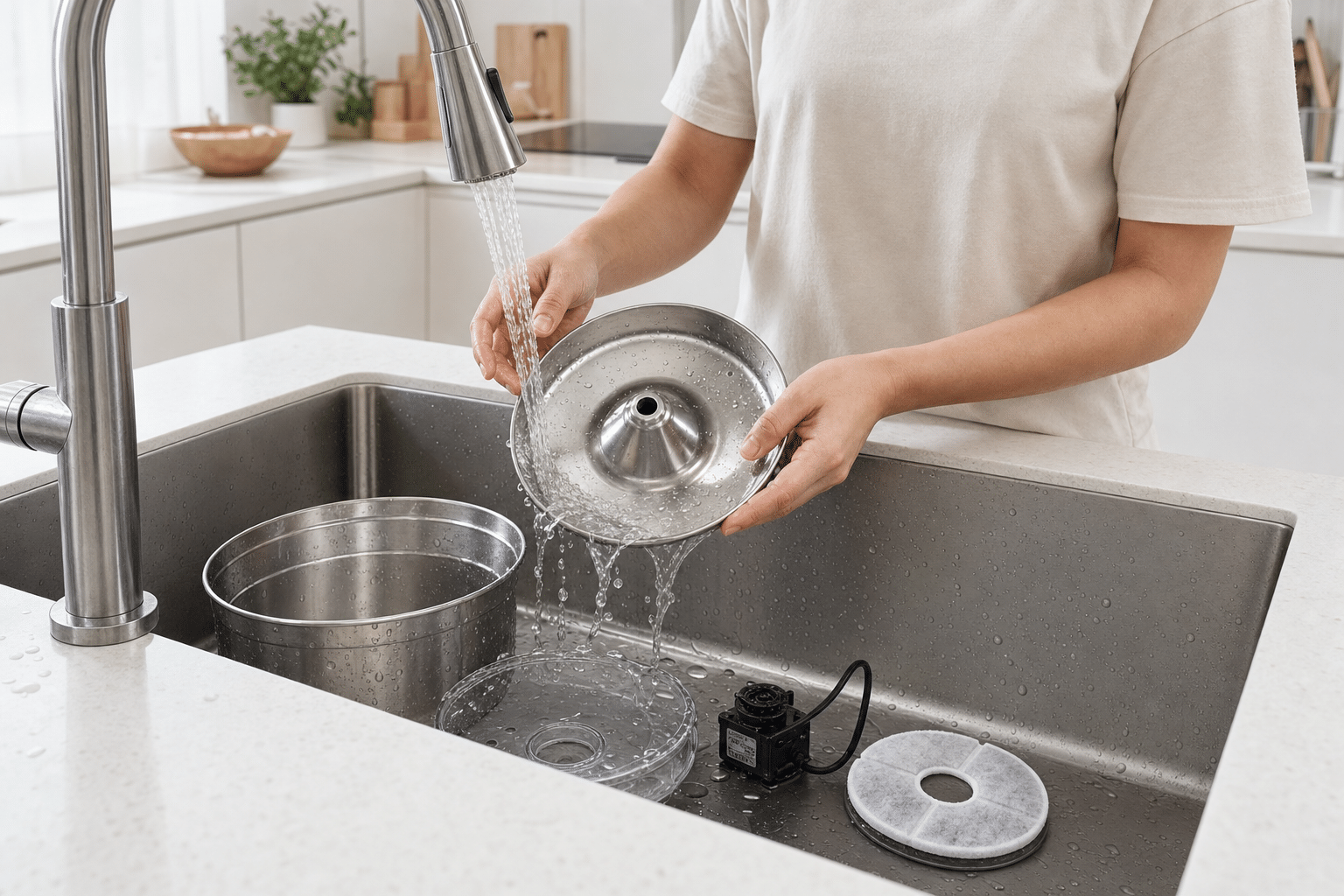 Nettoyage complet d'une fontaine à eau pour chat en inox : démontage des pièces sous l'eau courante du robinet