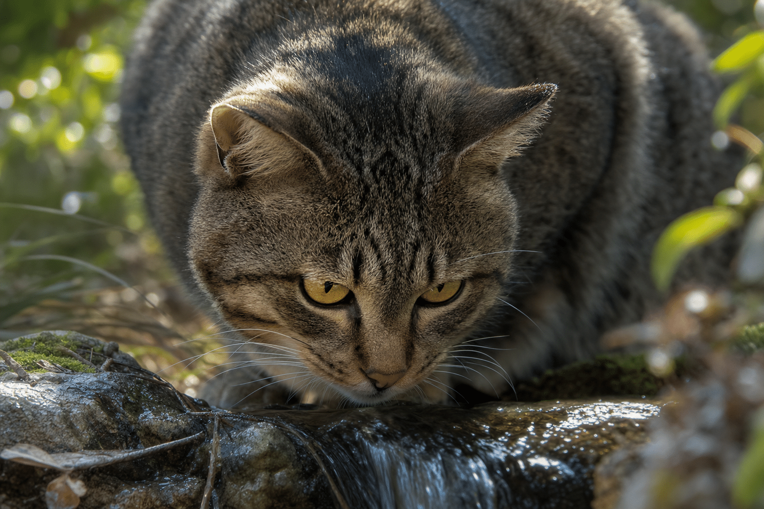 Chat sauvage aux yeux ambrés buvant dans un ruisseau en forêt, instinct naturel d'attraction pour l'eau courante