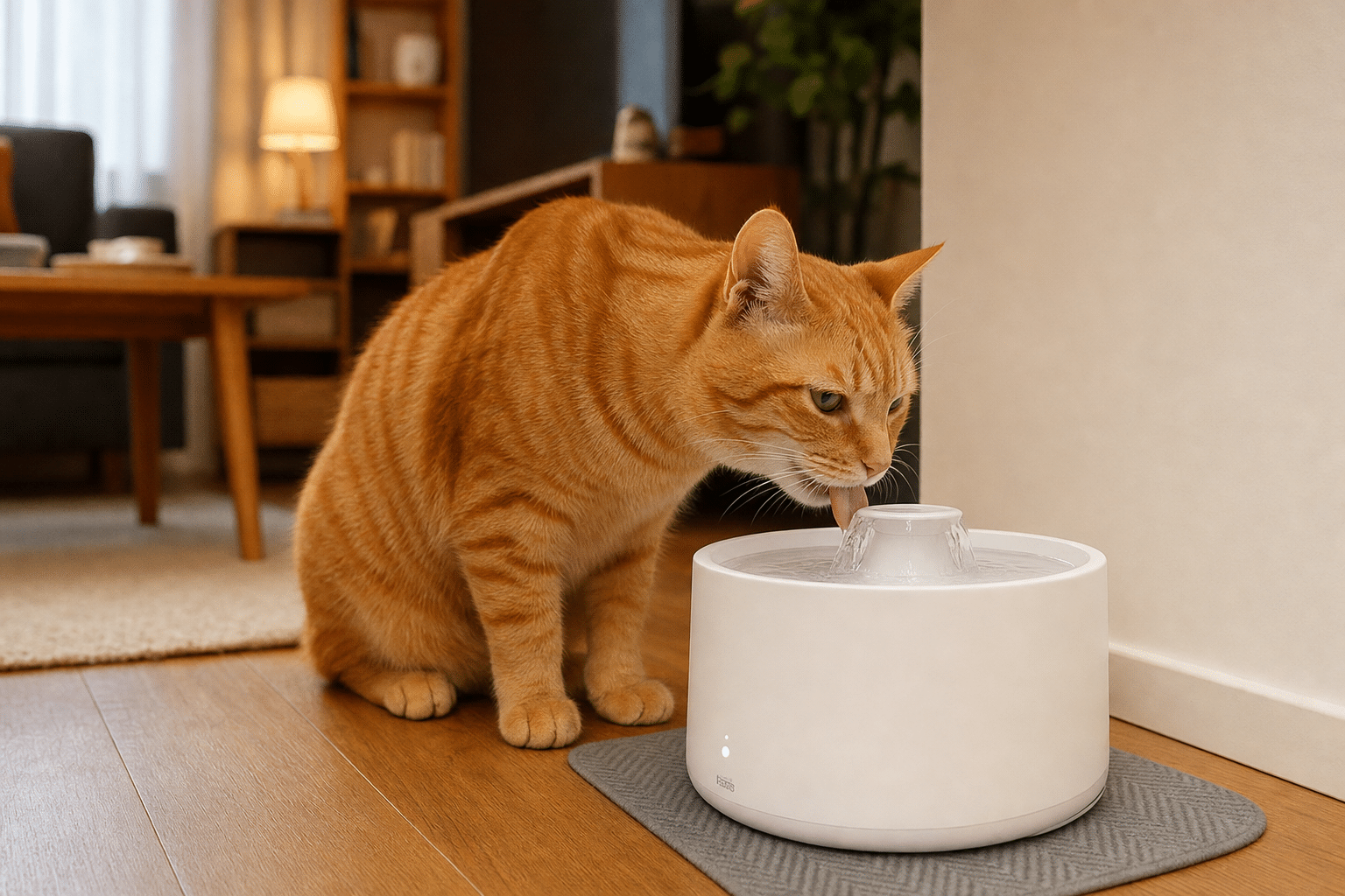 Chat roux stérilisé buvant à une fontaine à eau blanche dans un appartement, prévention de la cystite féline