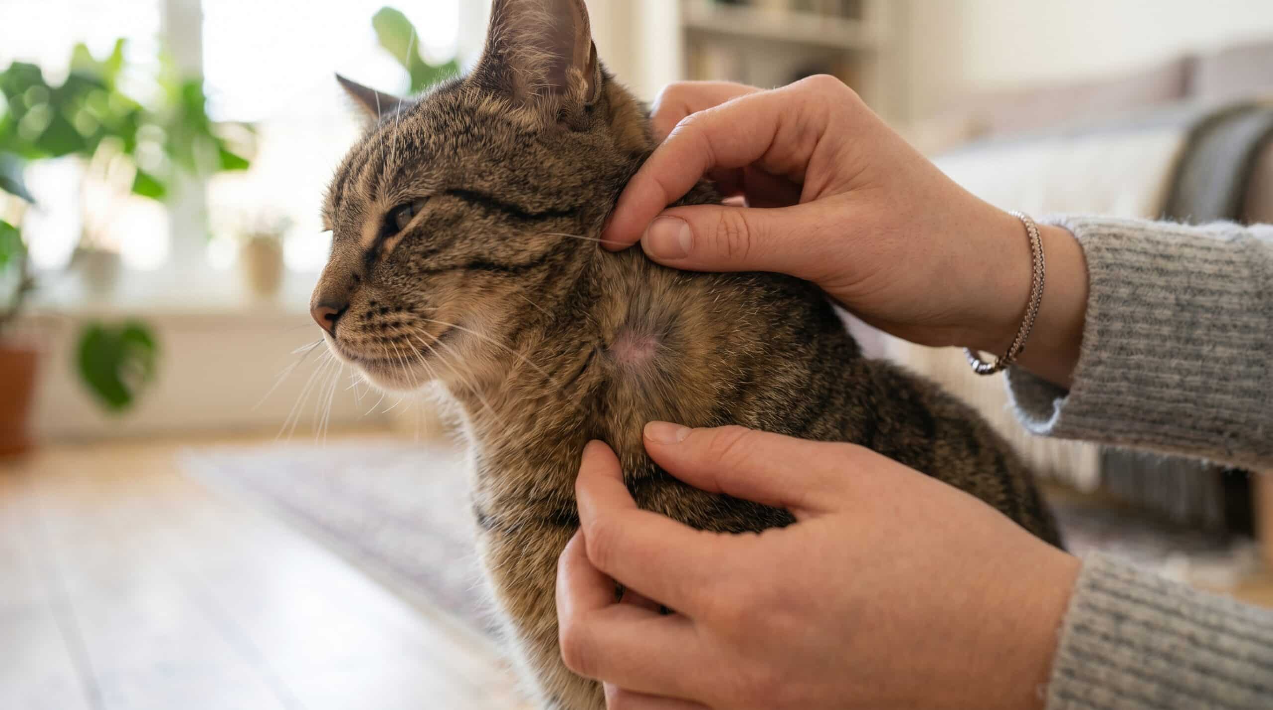 Mains écartant les poils du cou d'un chat tigré pour inspecter la peau et repérer puces ou rougeurs