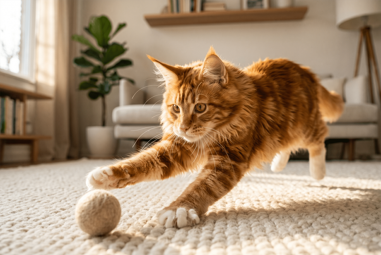 Maine Coon roux jouant avec une balle en feutre sur un tapis beige clair